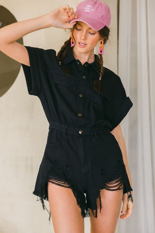 Distressed Color Denim Romper